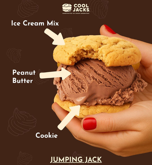 Cool Jacks Jumping Jack ice cream sandwich with chocolate, peanut butter, and golden cookies, bite taken.