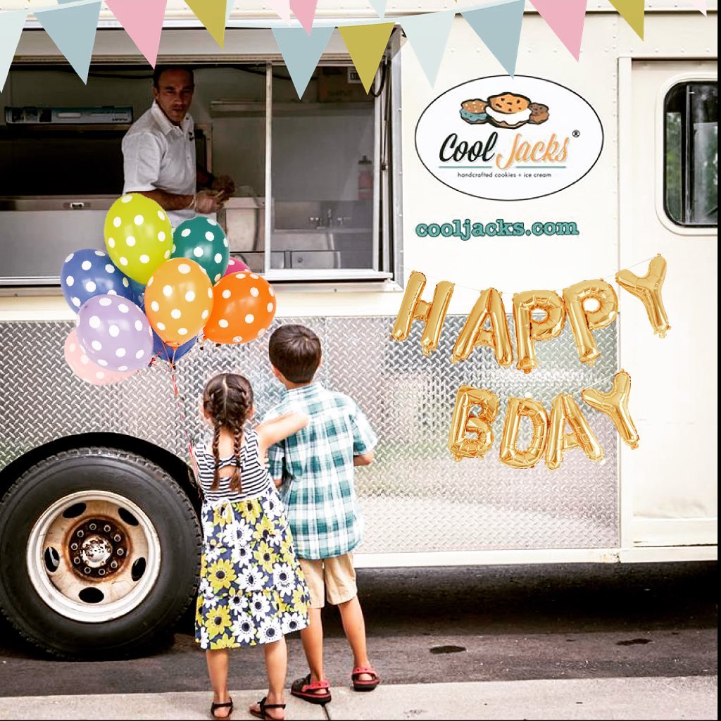 Retro-style Cool Jacks ice cream truck with kids gathered around, enjoying frozen treats.