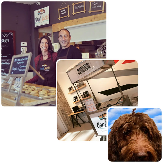 Cool Jacks shop with smiling owners, stacked cookies, ice cream cart, and a close-up of a brown dog named Jackson.
