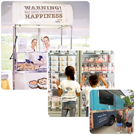 Kids eyeing frozen treats at a freezer aisle, a Cool Jacks ice cream cart, and a blue truck with the slogan “Warning! May cause happiness.”